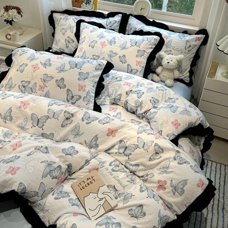 DecorBites™ Black White Printed Bed Skirt Bedding Set - Cozy Skin Friendly Linens