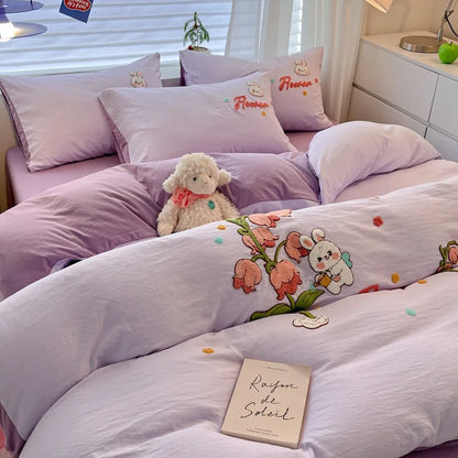 DecorBites™ Cartoon Embroidered Cotton Bedding Set for King/Queen Beds
