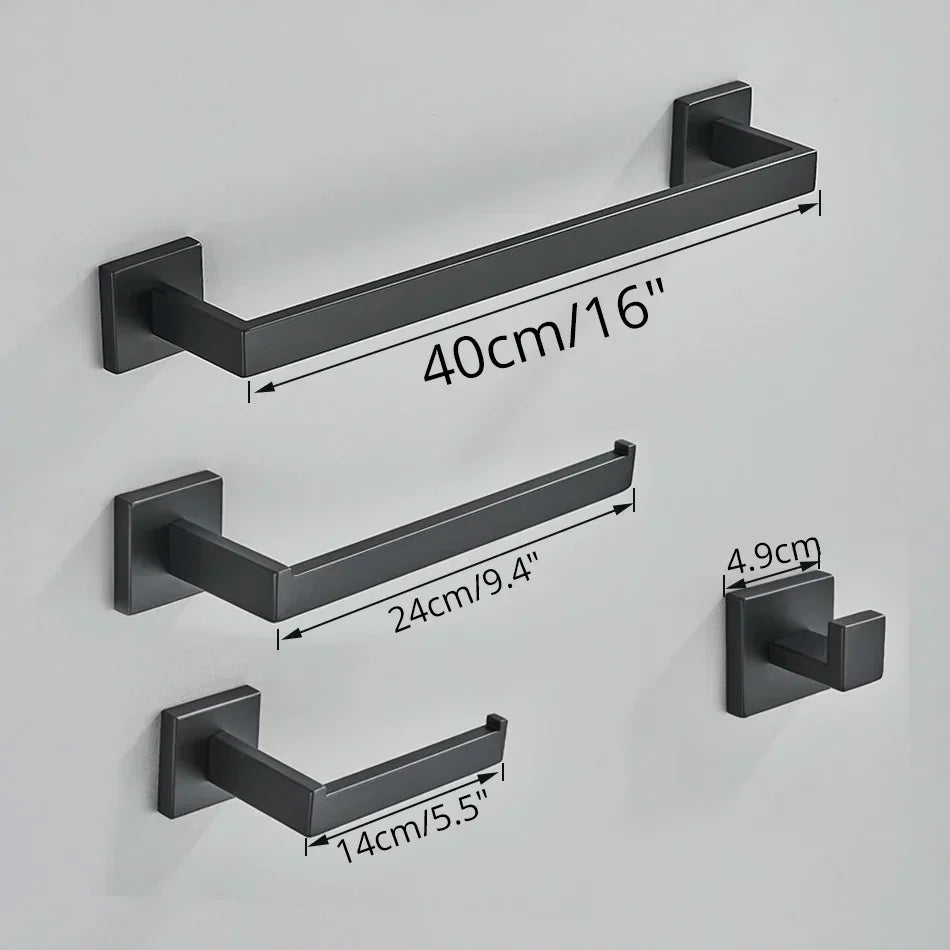 DecorBites™ Black Bathroom Accessories Set: Robe Hook, Towel Rail, Shelf, Tissue Holder
