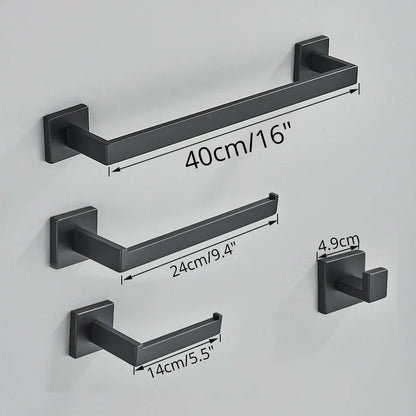 DecorBites™ Black Bathroom Accessories Set: Robe Hook, Towel Rail, Shelf, Tissue Holder