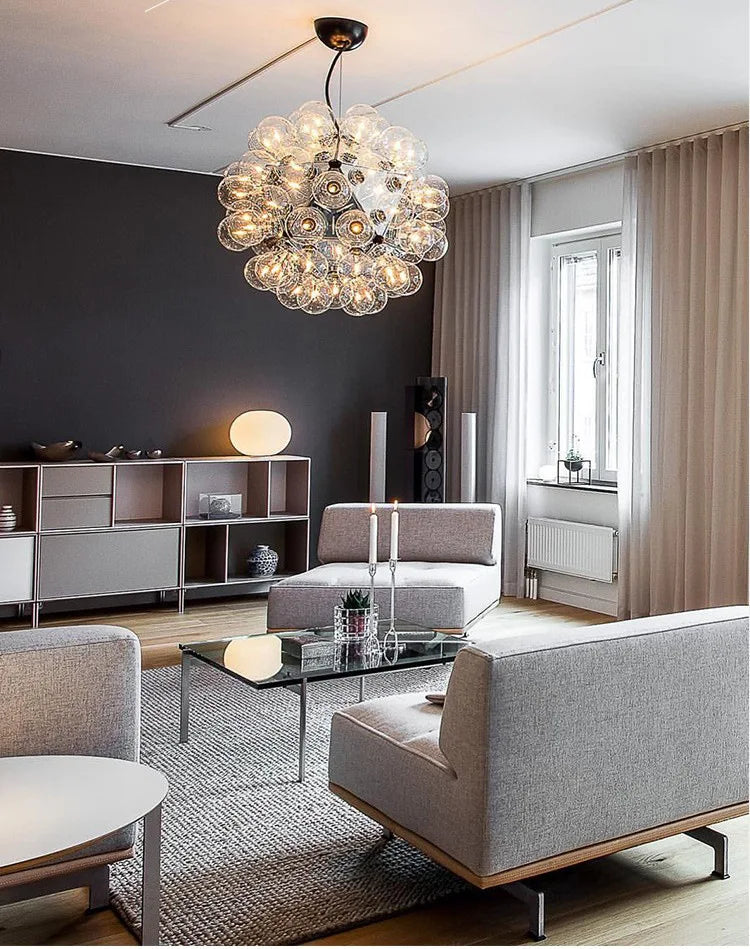 DecorBites™ LED Glass Bubble Chandelier: Grand Globe Designs in Gold, Chrome, and Black