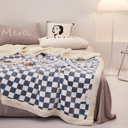 DecorBites™ Double Layer Lamb Wool Checkered Blanket - Nordic Style Warm Bedspread