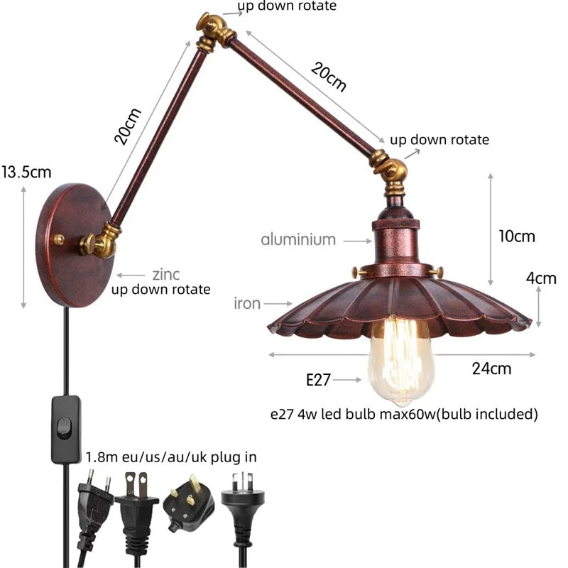 DecorBites™ Gold Industrial LED Wall Lamp with Pull Chain Switch for Home Decor