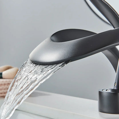 DecorBites™ Black Basin Faucet Grey Waterfall Mixer Tap Hot Cold Modern Brass Deck Mount