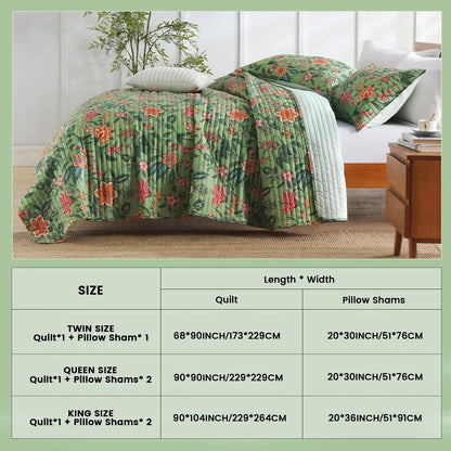 ™ Green Floral Quilt Set 3-Piece Oversized Bedding with Shams