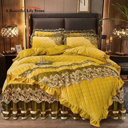 DecorBites™ Black Gold Luxury Crystal Velvet Bedding Set with Quilted Embroidery & Ruffles