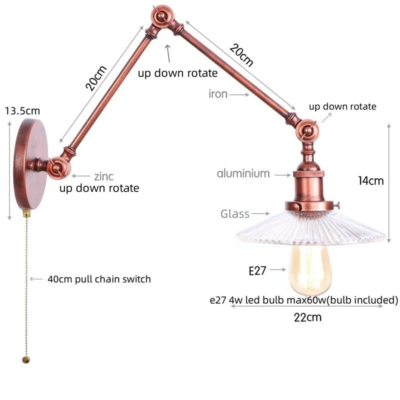 DecorBites™ Adjustable Glass Swing Arm LED Wall Sconce with Pull Chain Switch