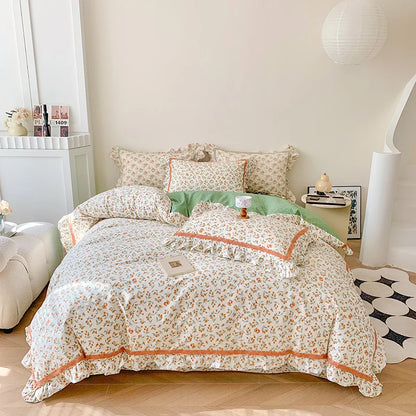 DecorBites™ French Floral Bedding Set, 100% Cotton, Ruffles, Duvet Cover, Bed Sheet, Pillowcases
