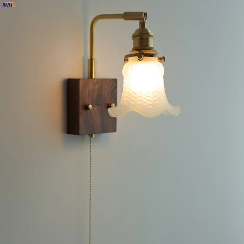 ™ LED Brass Walnut Wood Wall Sconce Rotate Glass Stair Light