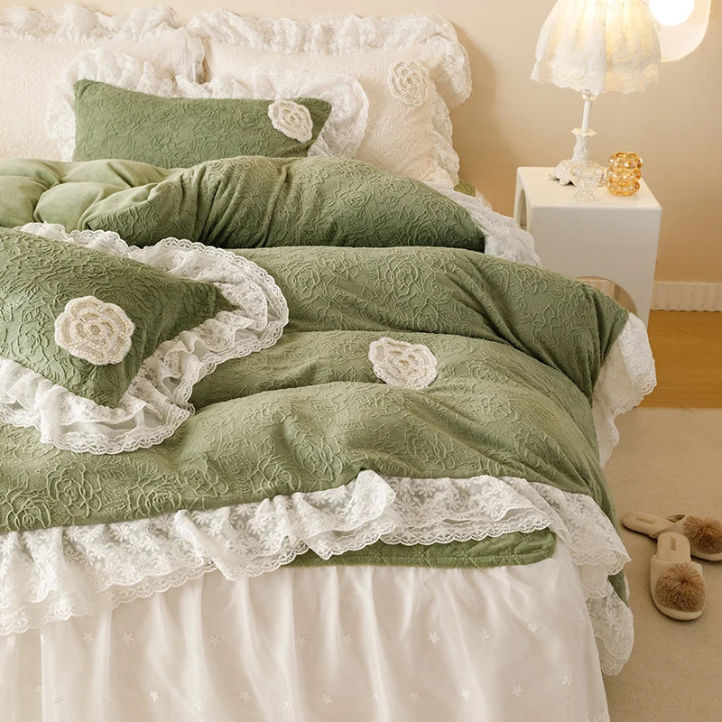 ™ Luxe Carved Velvet Lace Ruffles Bedding Set with Quilted Bed Skirt