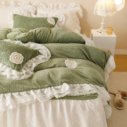 ™ Luxe Carved Velvet Lace Ruffles Bedding Set with Quilted Bed Skirt