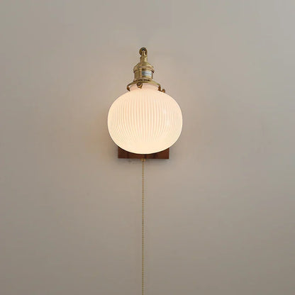™ Globe Ceramic Walnut Wood Wall Light with Pull Chain Switch and Rotatable Design