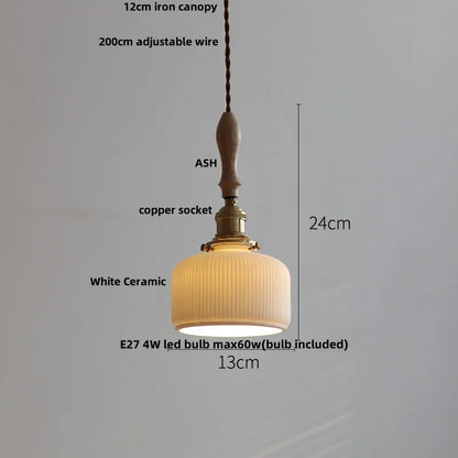 DecorBites™ Adjustable LED Pendant Lights Ash Wood White Ceramic Modern Hanging Lamp