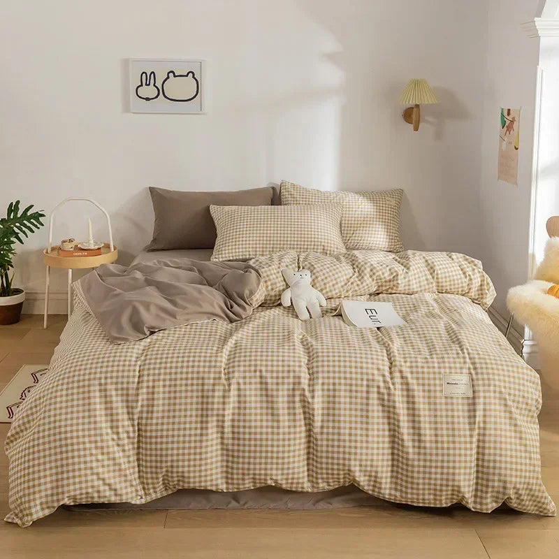 DecorBites™ Japanese Grid Print Bedding Set for All Seasons, Queen/King Size Quilt Cover