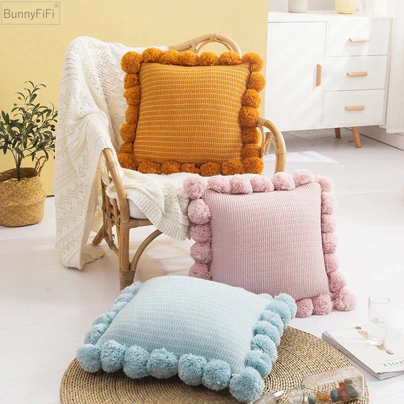 DecorBites™ Ball Cushion Cover Vintage Yellow Pompom Ivory Pink Green Max 43cm Zip Home Sofa Decor