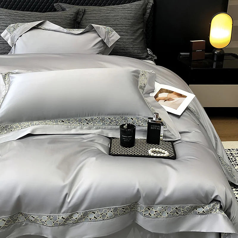 DecorBites™ Brown Lace Embroidery Bedding Set, 4Pcs, 1200TC Egyptian Cotton