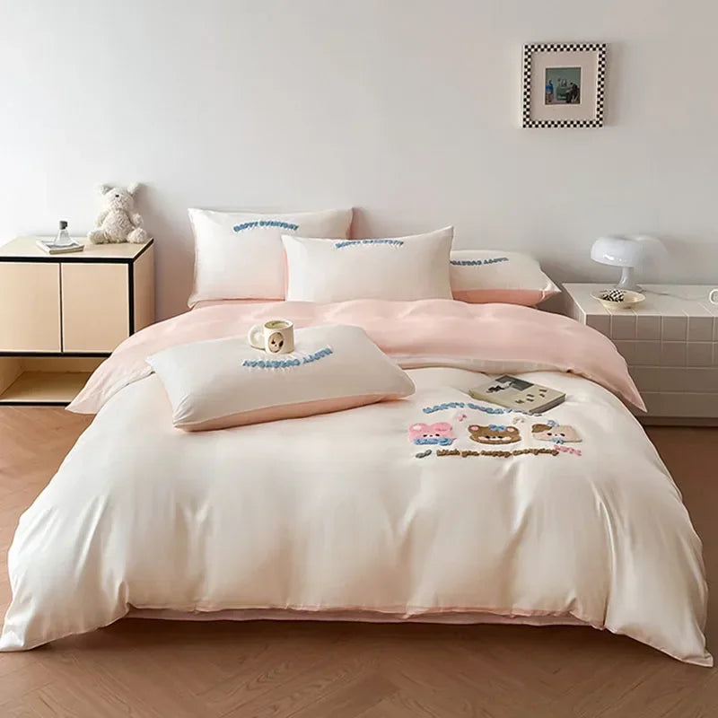 DecorBites™ Cartoon Embroidery Cotton Bedding Set - Summer Cool, Skin Friendly Flat Sheet Kit