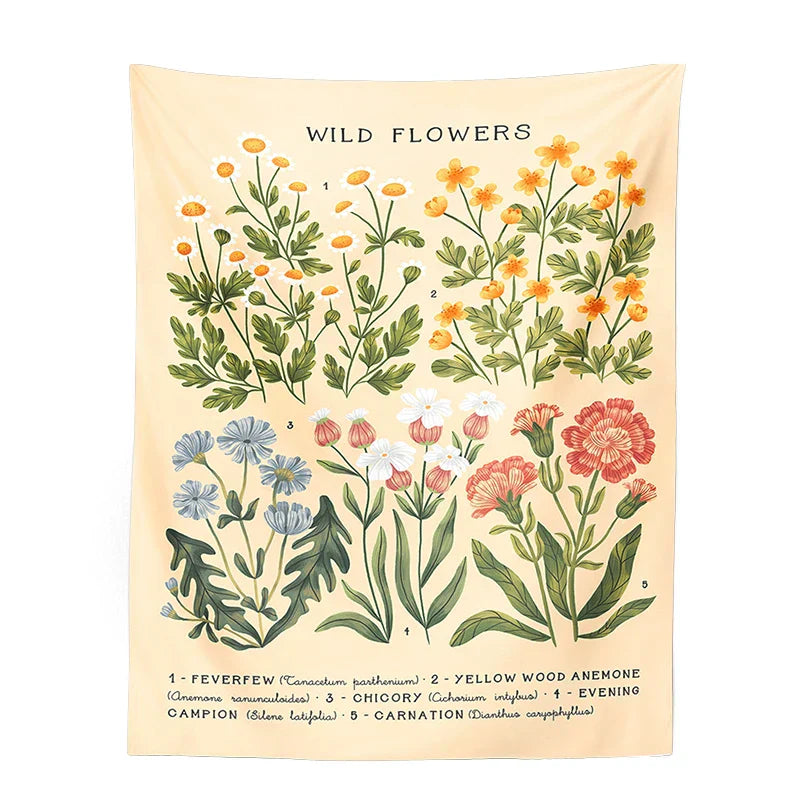 DecorBites™ Botanical Wildflower Reference Chart Tapestry Wall Hanging - Bohemian Home Decor