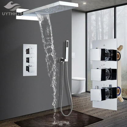 DecorBites™ Black Thermostatic Waterfall Rainfall Shower Faucet with Handshower