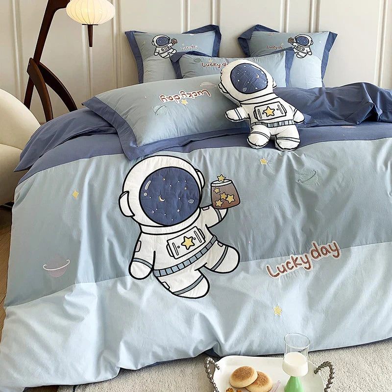 DecorBites™ Astronaut Cartoon Embroidery Boys Bedding Set, 100% Cotton, Single Duvet Cover, Bed Sheet, Pillowcases