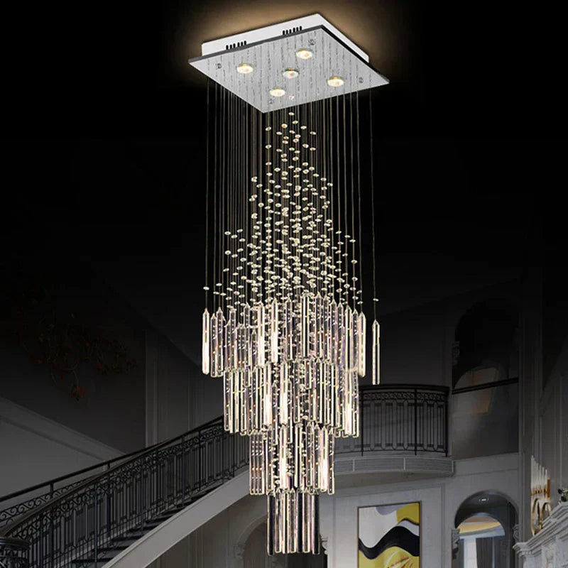 DecorBites™ Columnar Crystal Chandelier with Square Base for Living Room, Stair Loft - Modern Hanging Lamp
