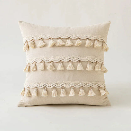 DecorBites™ Beige Tufted Fringed Cushion Cover Cotton Linen Tassel Crochet Pillow Cover
