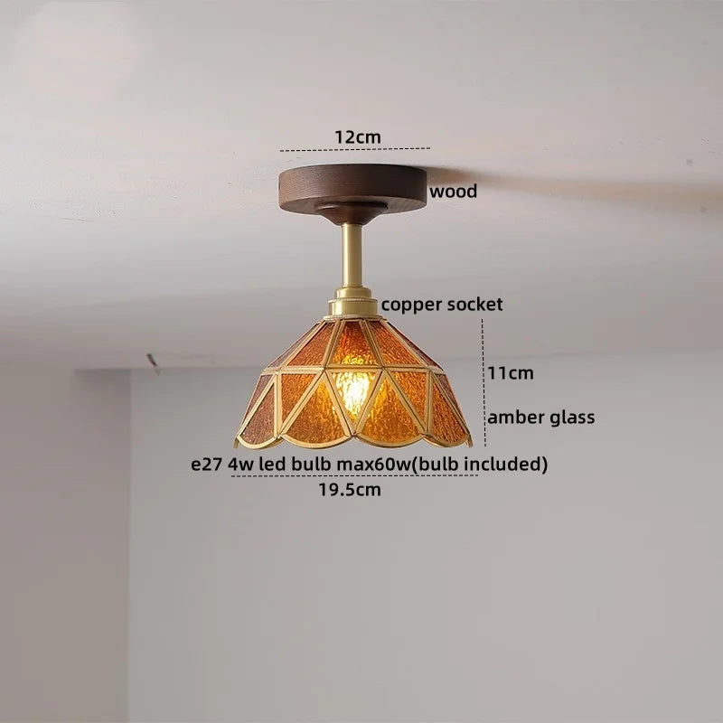 DecorBites™ Amber Glass LED Ceiling Light Modern Wood Canopy Kids Room Fixture