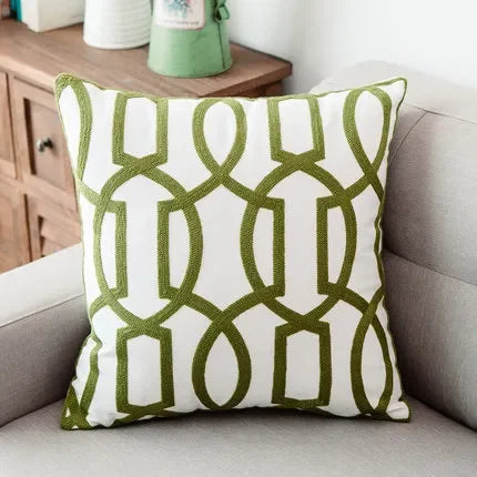 ™ Green Geometric Canvas Cotton Embroidered Cushion Cover 45x45cm