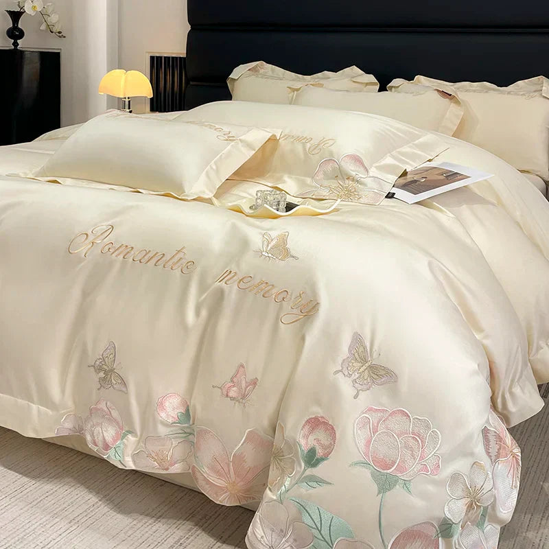 DecorBites™ Embroidered Flowers Butterfly Bedding Set - 4Pcs