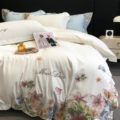 DecorBites™ Egyptian Cotton Flowers Embroidery Luxury Bedding Set - Queen King Size