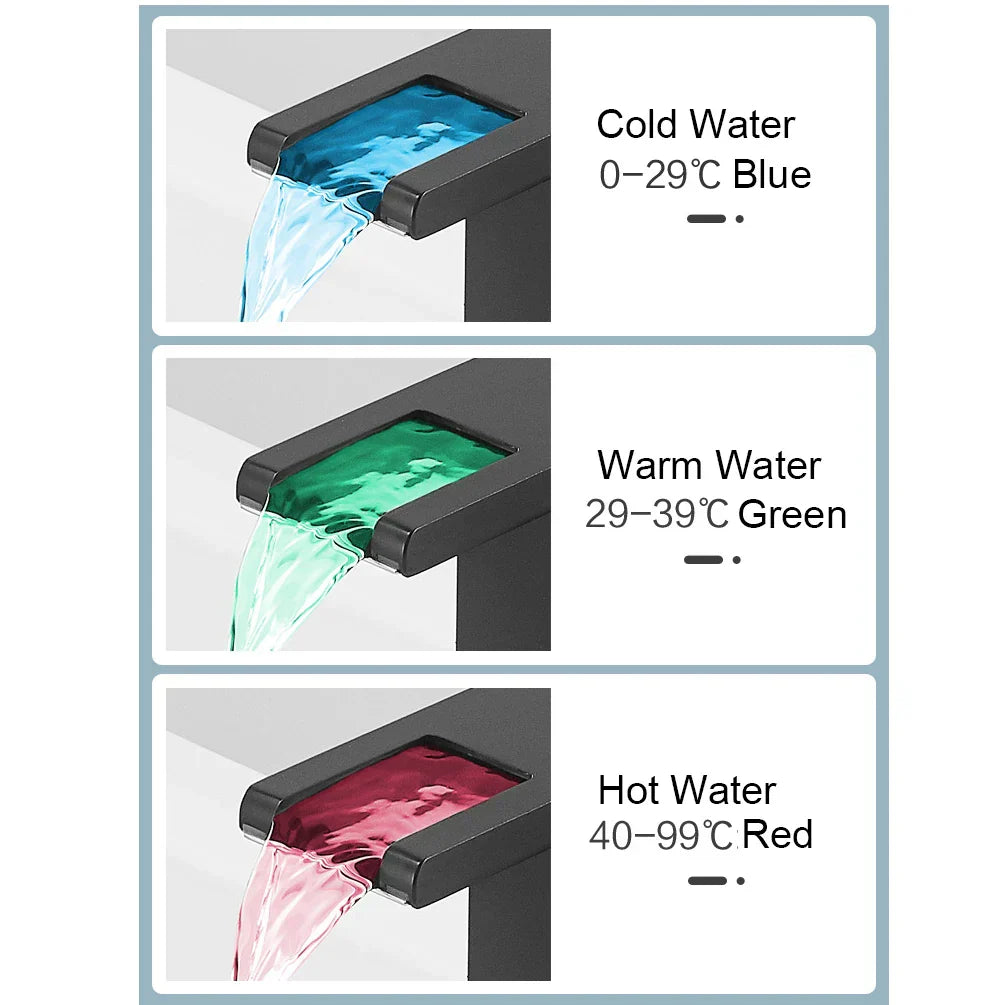 DecorBites™ Black LED Waterfall Bathroom Faucet, Deck Mounted, Three Color Change