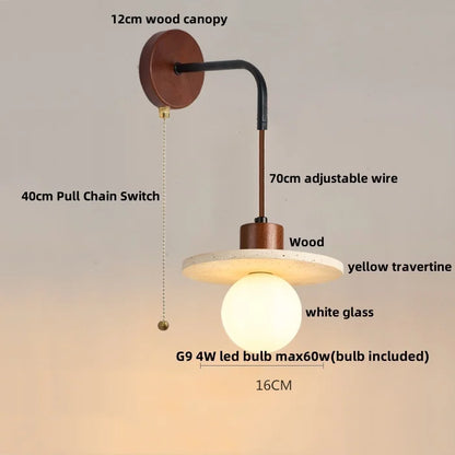 DecorBites™ LED Wall Lamp Pull Chain Switch Wood Nordic Modern Yellow Travertine Mirror Light