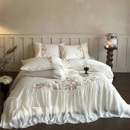 DecorBites™ Luxe Lace Ruffles Wedding Bedding Set Flowers Embroidery Duvet Sheet Pillowcase