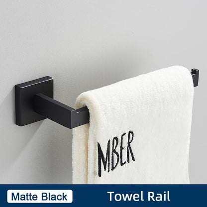 DecorBites™ Black Stainless Steel Bathroom Accessories Set: Towel Bar, Paper Holder, Hook & Bath Rack