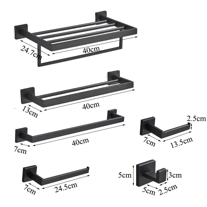 DecorBites™ Black Bathroom Set: Towel Holder, Paper Holder, Gold Rod, Robe Hook - Stainless Steel Accessories