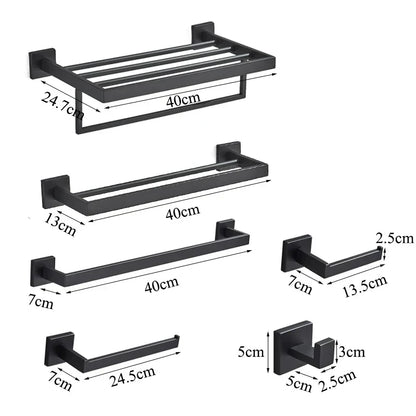 DecorBites™ Black Bathroom Set: Towel Holder, Paper Holder, Gold Rod, Robe Hook - Stainless Steel Accessories