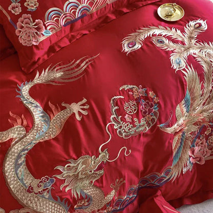 DecorBites™ Gold Loong Phoenix Embroidery Queen Bedding Set, Luxurious Brushed 4Pcs Set