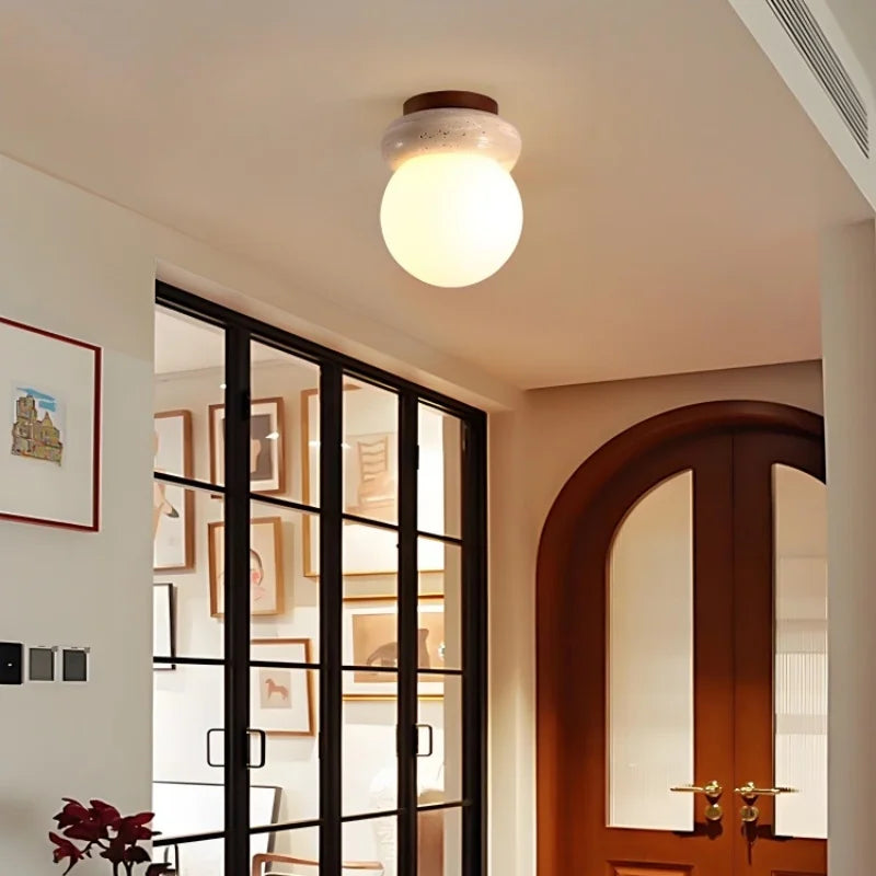 DecorBites™ LED Ceiling Light with Wood Base and White Glass Shade