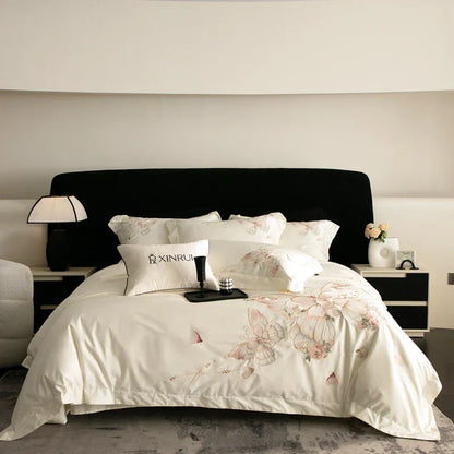 DecorBites™ Luxe Butterfly Flowers Embroidery Bedding Set 800TC Egyptian Cotton Duvet Covers Sheets Pillowcases