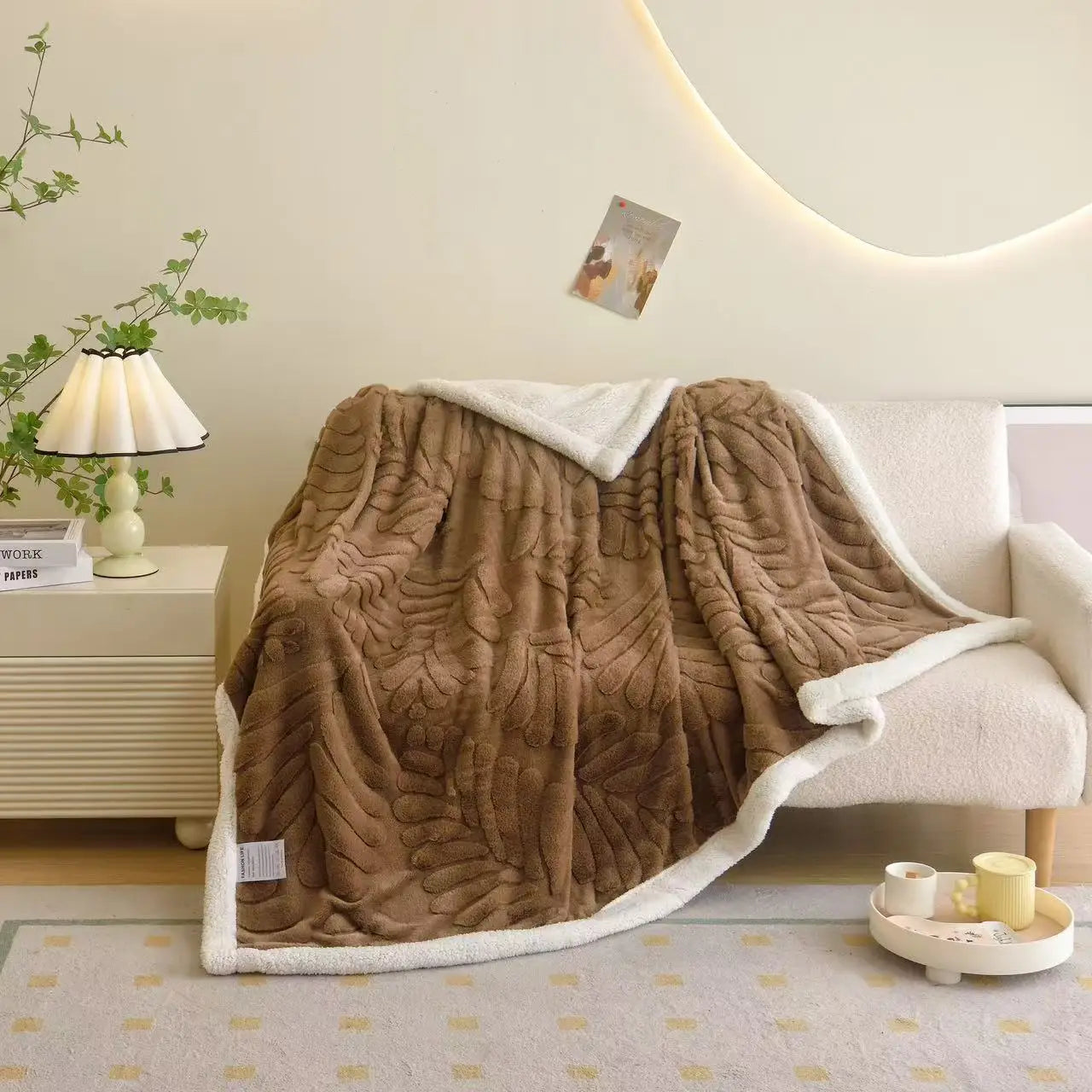 DecorBites™ Banana Leaf Jacquard Faux Rabbit Fur Double Layer Lamb Bedspread
