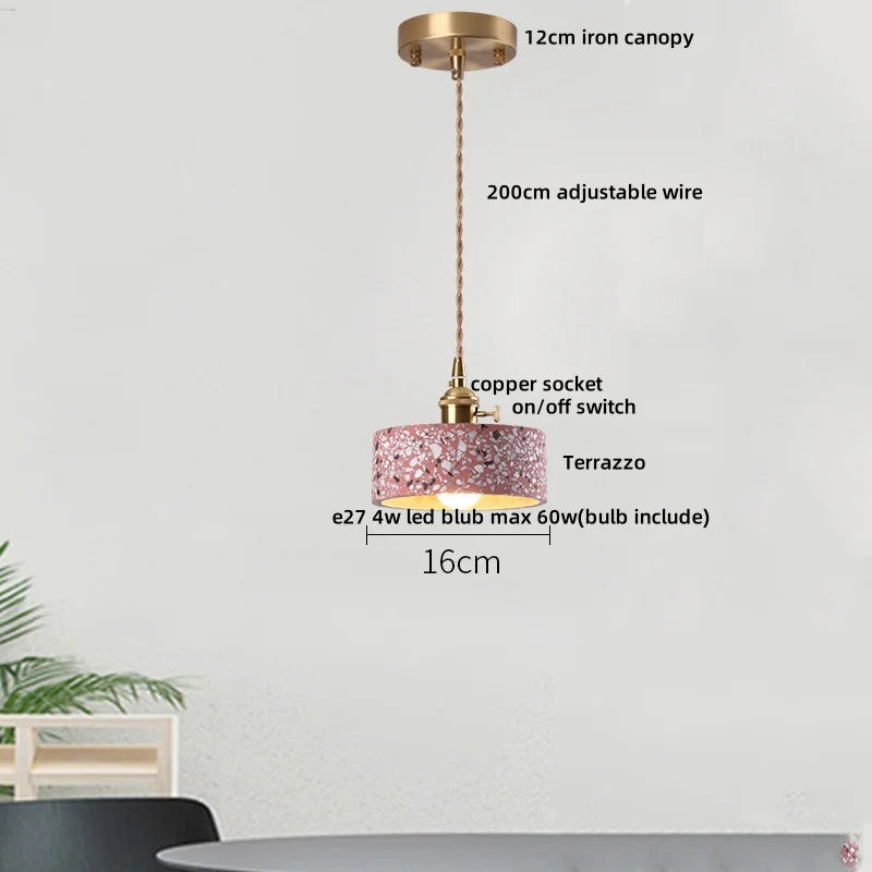 DecorBites™ LED Terrazzo Pendant Lamp White Stone Wood Hanging Light