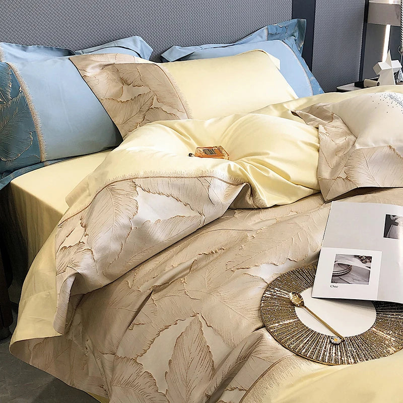 DecorBites™ Luxe Gold Leaves Satin Jacquard Embroidery 1000TC Egyptian Cotton Bedding Set