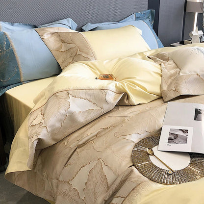 DecorBites™ Luxe Gold Leaves Satin Jacquard Embroidery 1000TC Egyptian Cotton Bedding Set