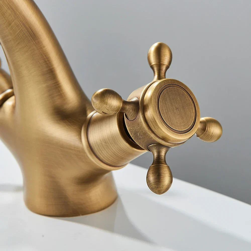 DecorBites™ Antique Brass Dual Handle Basin Faucet Deck Mounted Bathroom Mixer Tap