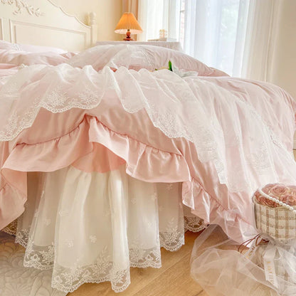 DecorBites™ French Princess Lace Ruffles Bedding Set, 100% Cotton, Pink Romantic Theme