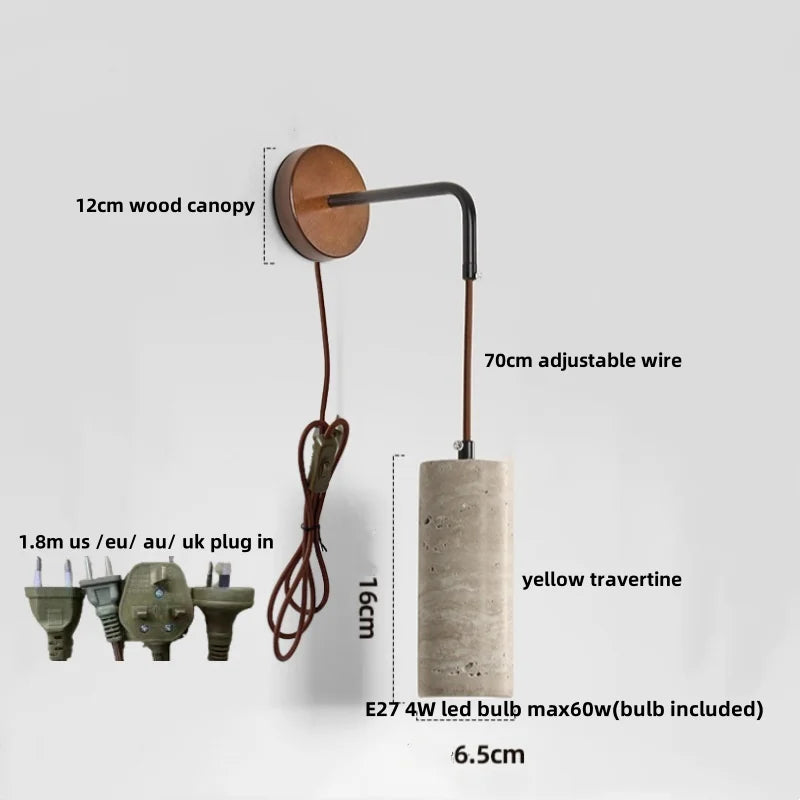 DecorBites™ LED Wall Lamp Pull Chain Switch Wood Nordic Modern Yellow Travertine Mirror Light