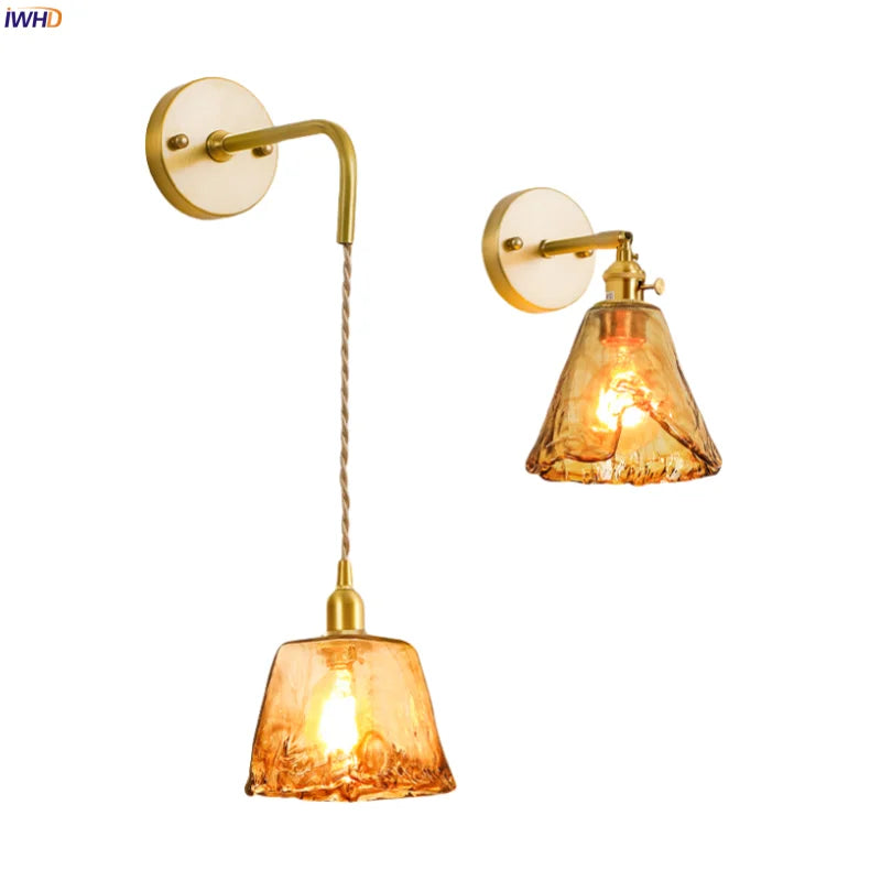 ™ Japanese Amber Glass LED Wall Lamp Copper Vintage Design