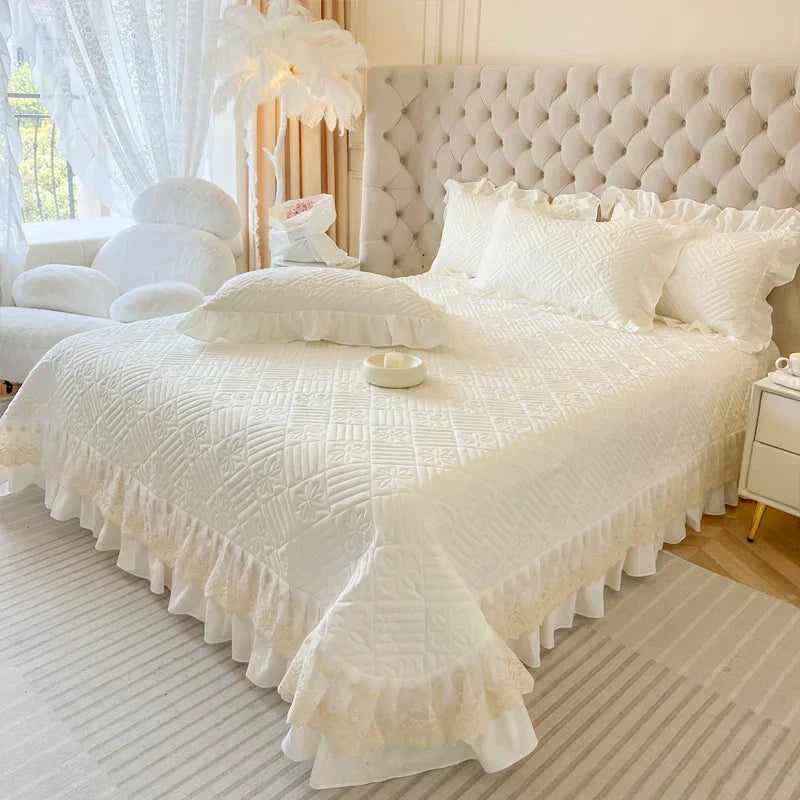 ™ Korean Princess Style Quilted Bedding Set with Lace Ruffles 200x230cm