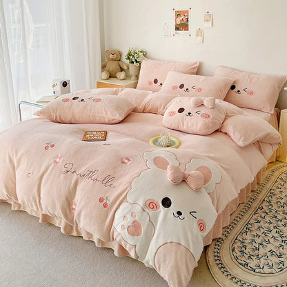 DecorBites™ Cartoon Rabbit Applique Embroidery Bedding Set with Velvet Fleece for Cozy Comfort