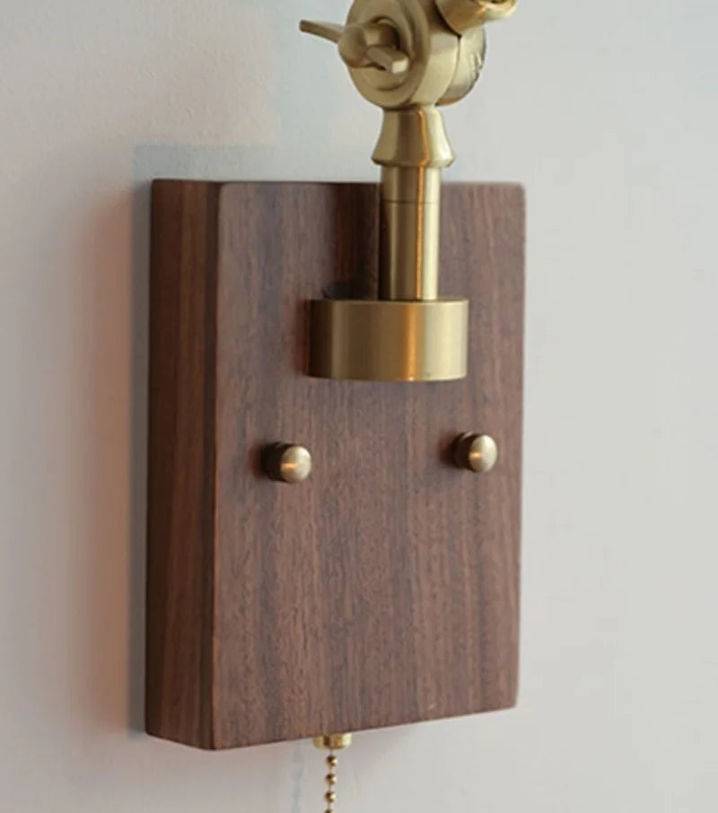DecorBites™ Ash Wood LED Swing Arm Wall Light with Pull Chain Switch & Blue Glass